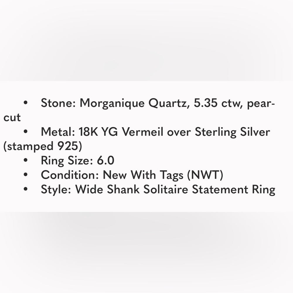 NWT Morganique Quartz 5.35ct Pear Solitaire Ring 18K Vermeil YG over 925 Size 6 - Picture 17 of 17